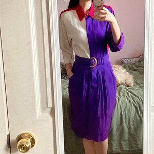 Size 8-Petite vintage multi color block purple pink and cream belted midi pencil